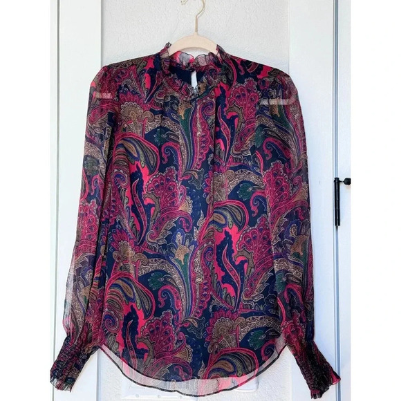 Ralph Lauren High Neck Paisley Sheer Ruffle Lightweight Blouse Pink Blue Brown M - Picture 1 of 8